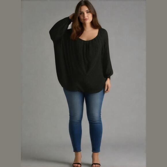 Vince Camuto Black Chffon Gold Polka Dot Sheer Loose Fit Casual Dressy Top 2X - Picture 1 of 10
